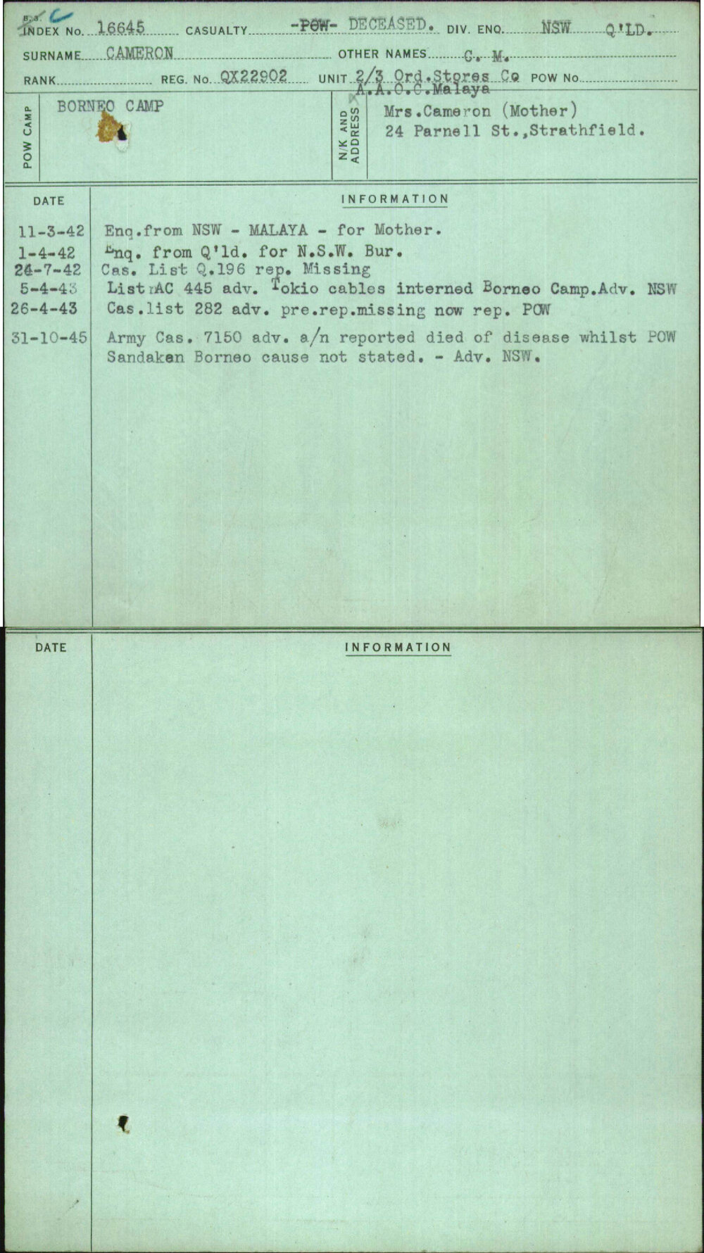 Cameron, C M, QX22902