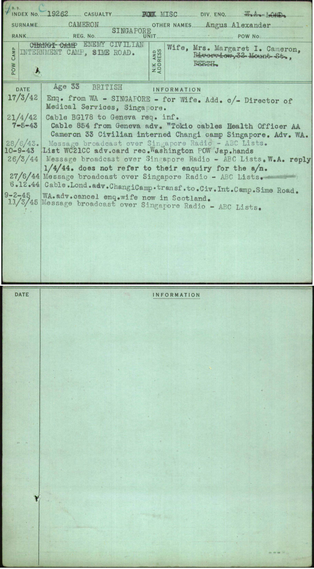 Cameron, Angus Alexander, Singapore