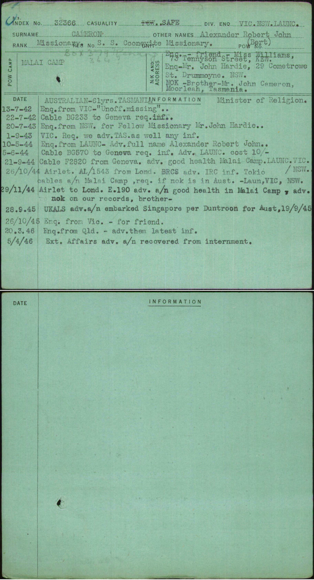 Cameron, Alexander Robert John (Bert), Ss Cooneyite Missionary