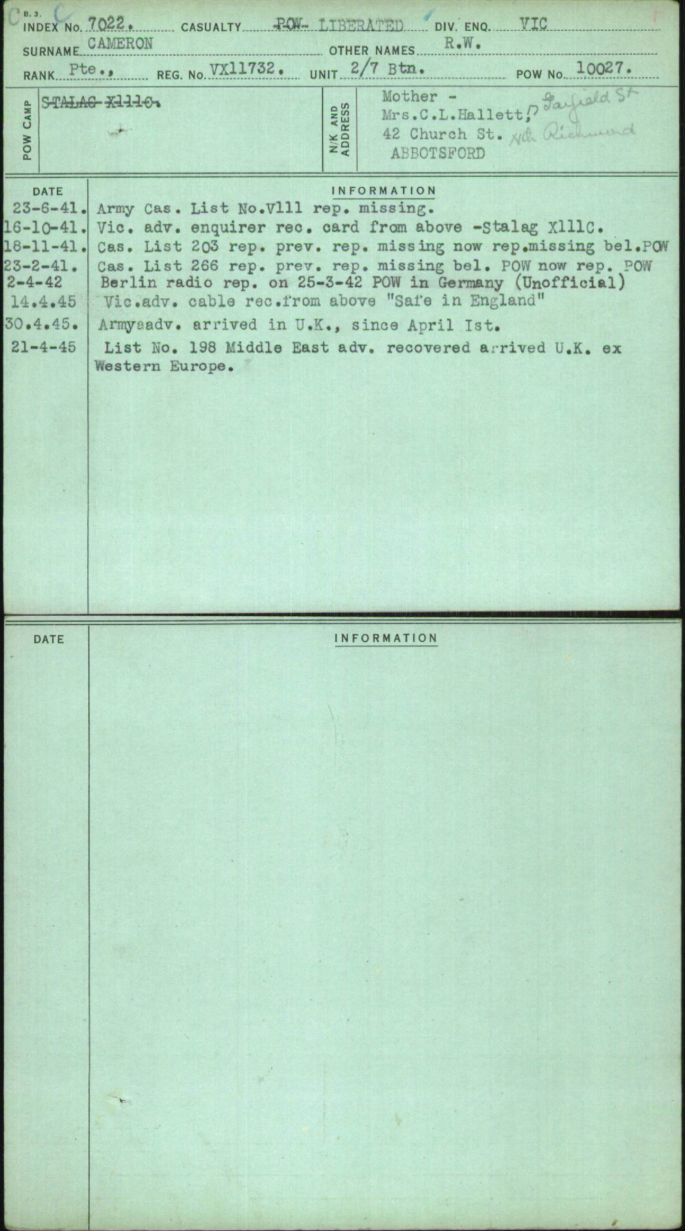 Cameron, R W, VX11732