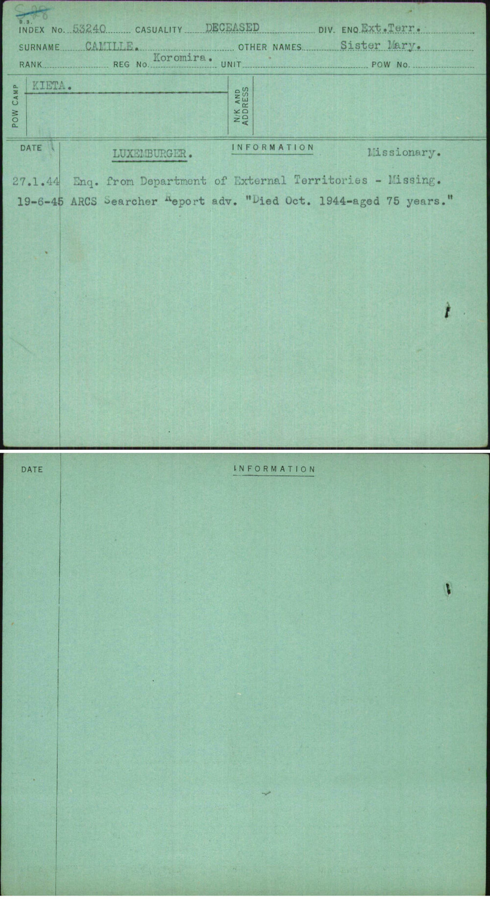 Camille, Sister Mary, Koromira