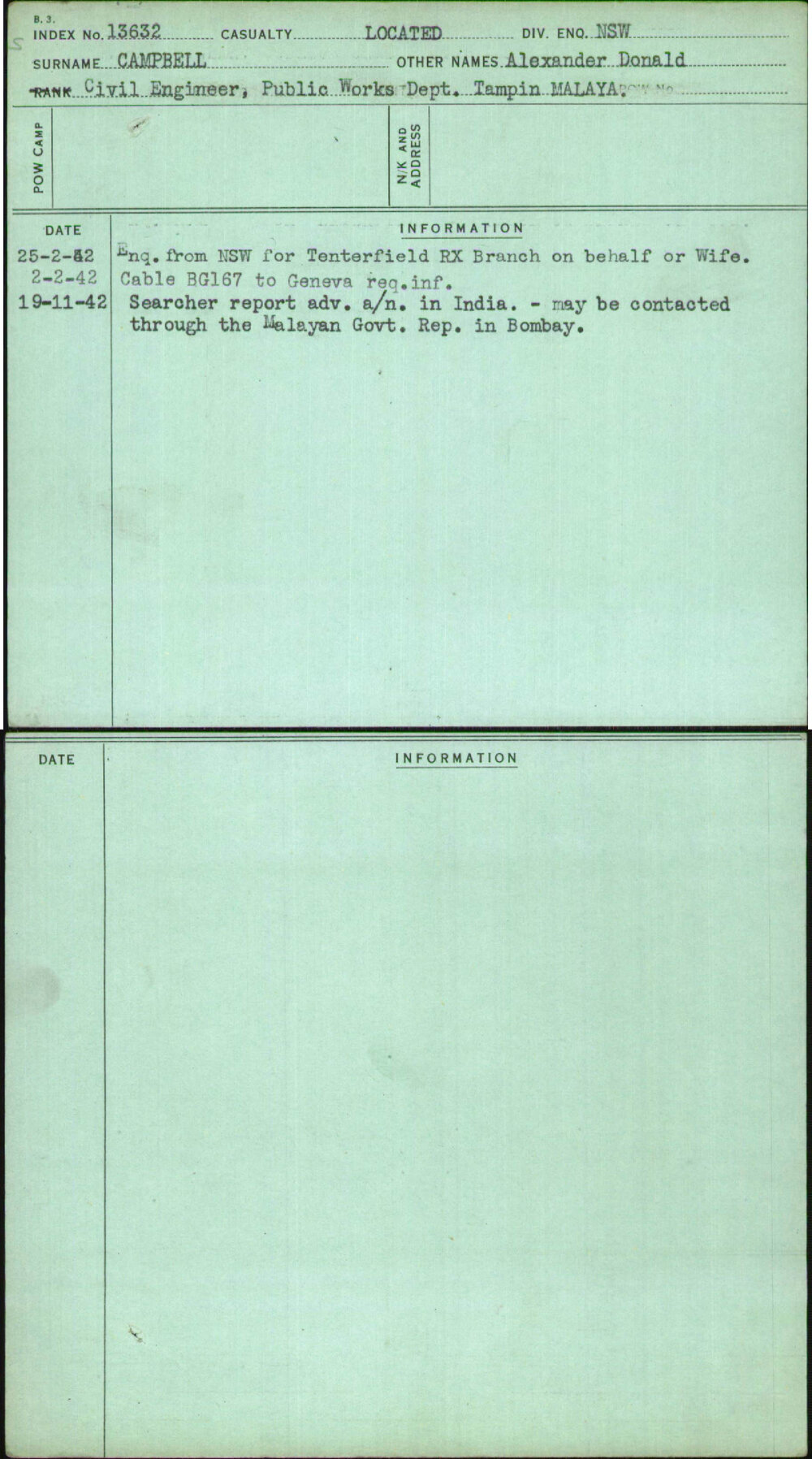 Campbell, Alexander Donald, [No Service Number]