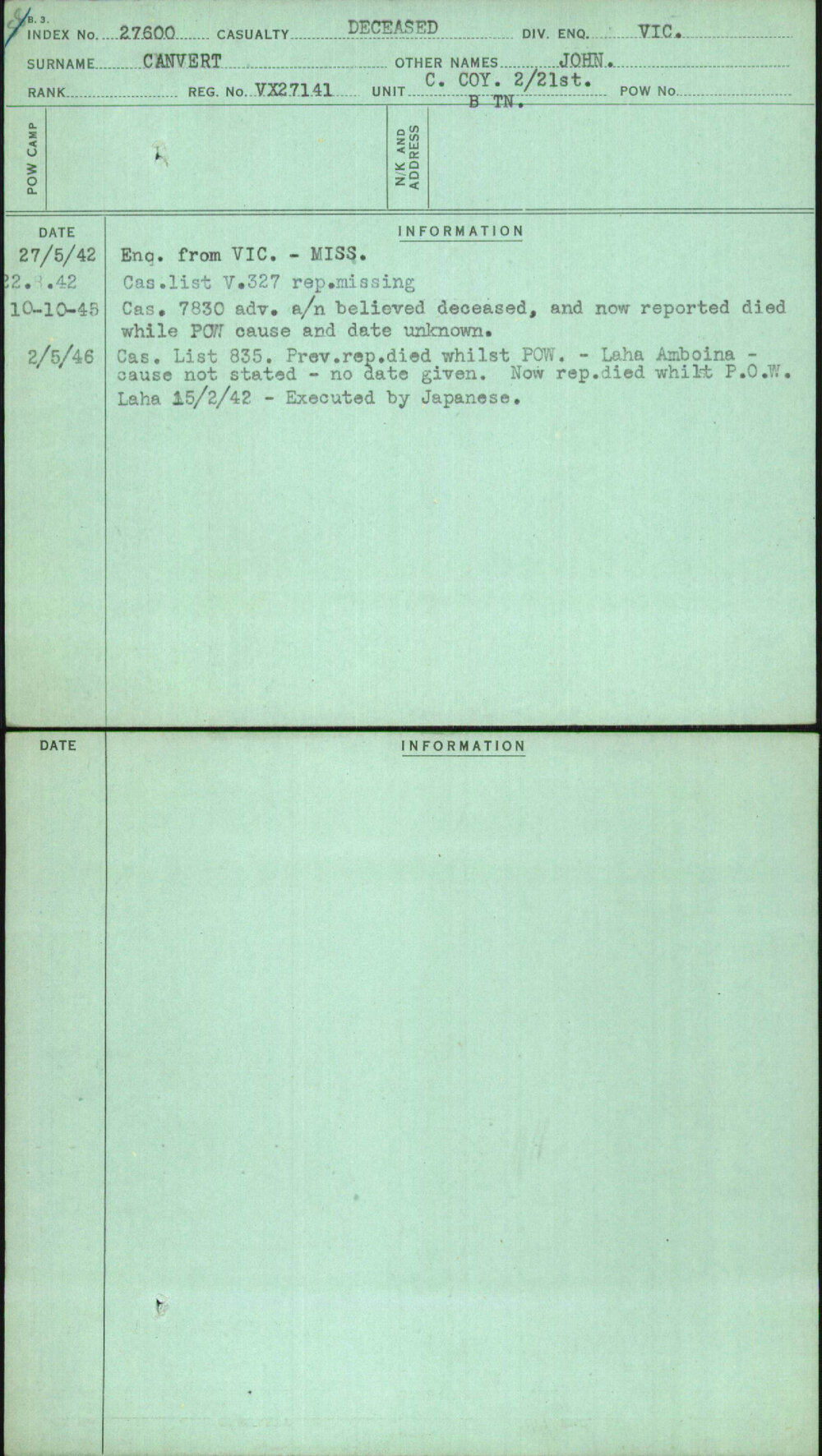 Canvert, John, VX27141