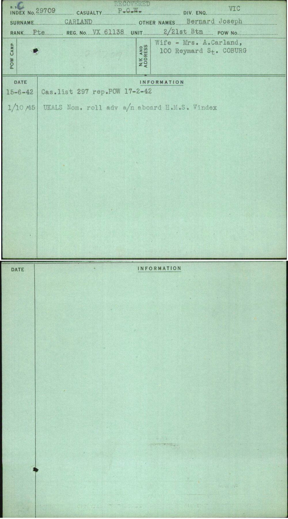 Carland, Bernard Joseph, VX61138