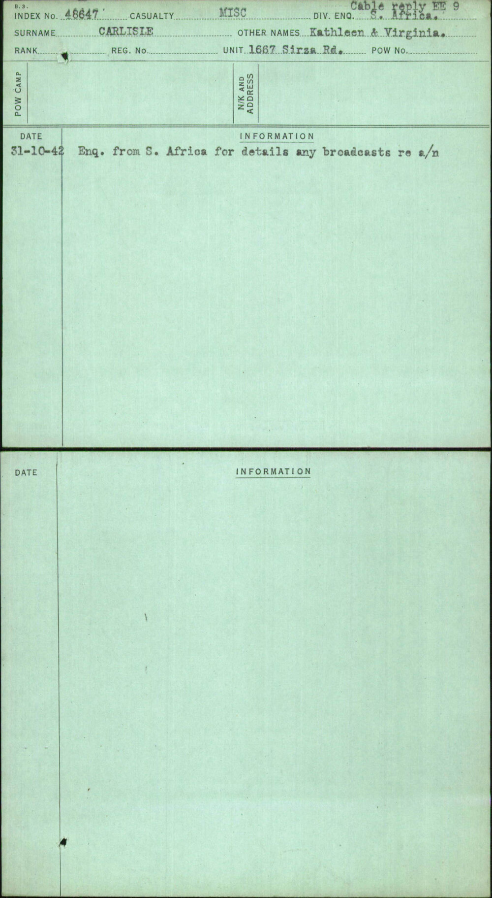 Carlisle, Kathleen &amp; Virginia, [No Service Number]