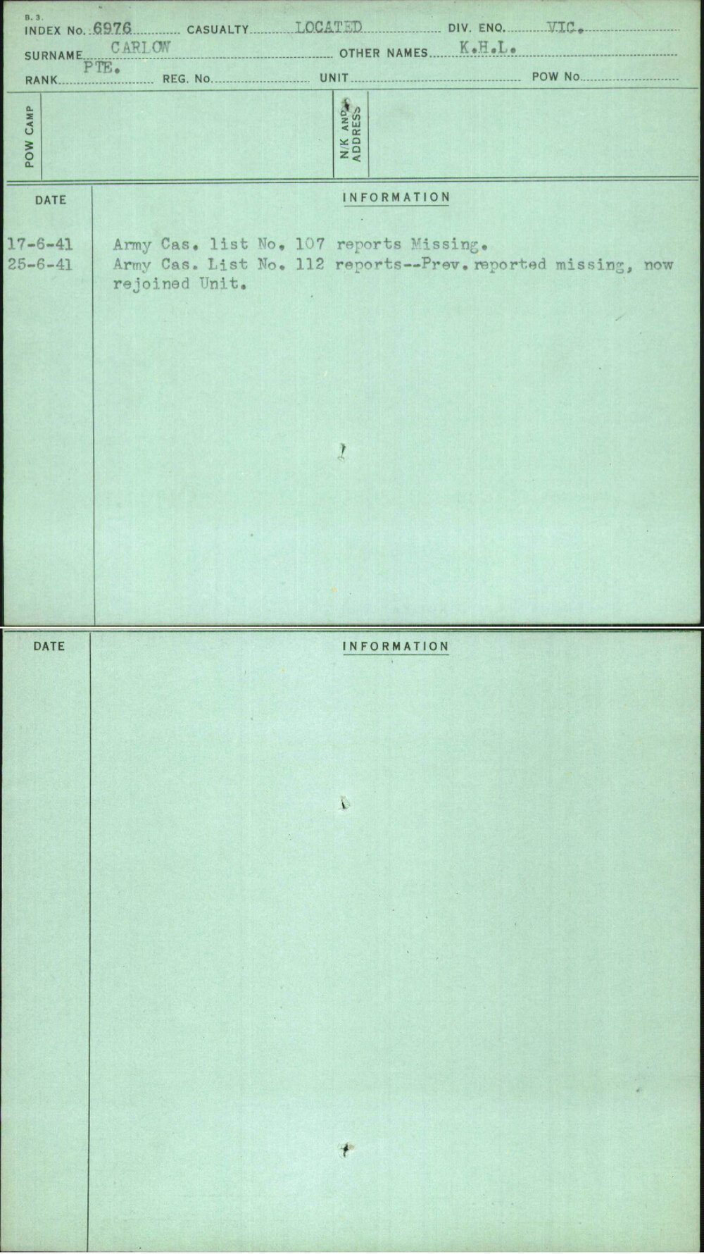 Carlow, K H L, [No Service Number]