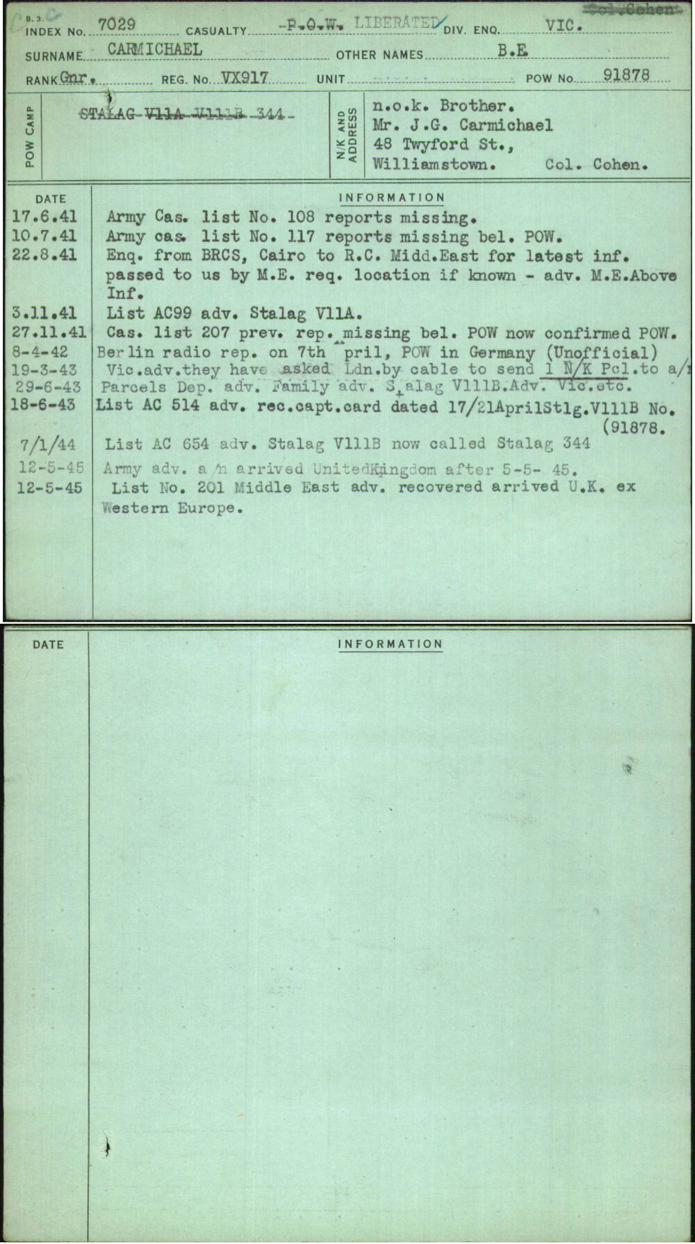 Carmichael, B E, VX917
