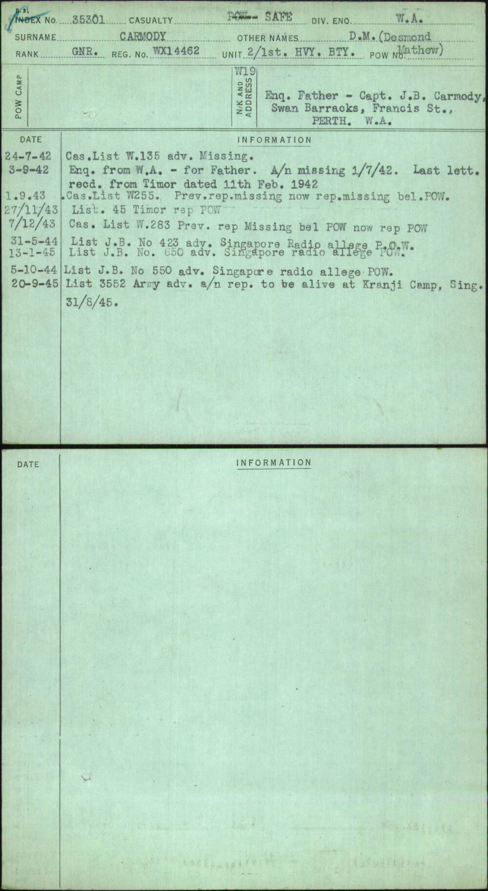 Carmody, D M (Desmond Mathew), WX14462