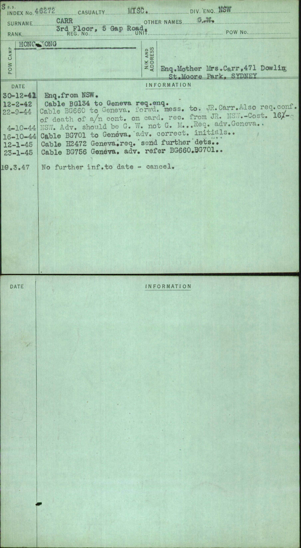 Carr, G W, [No Service Number]