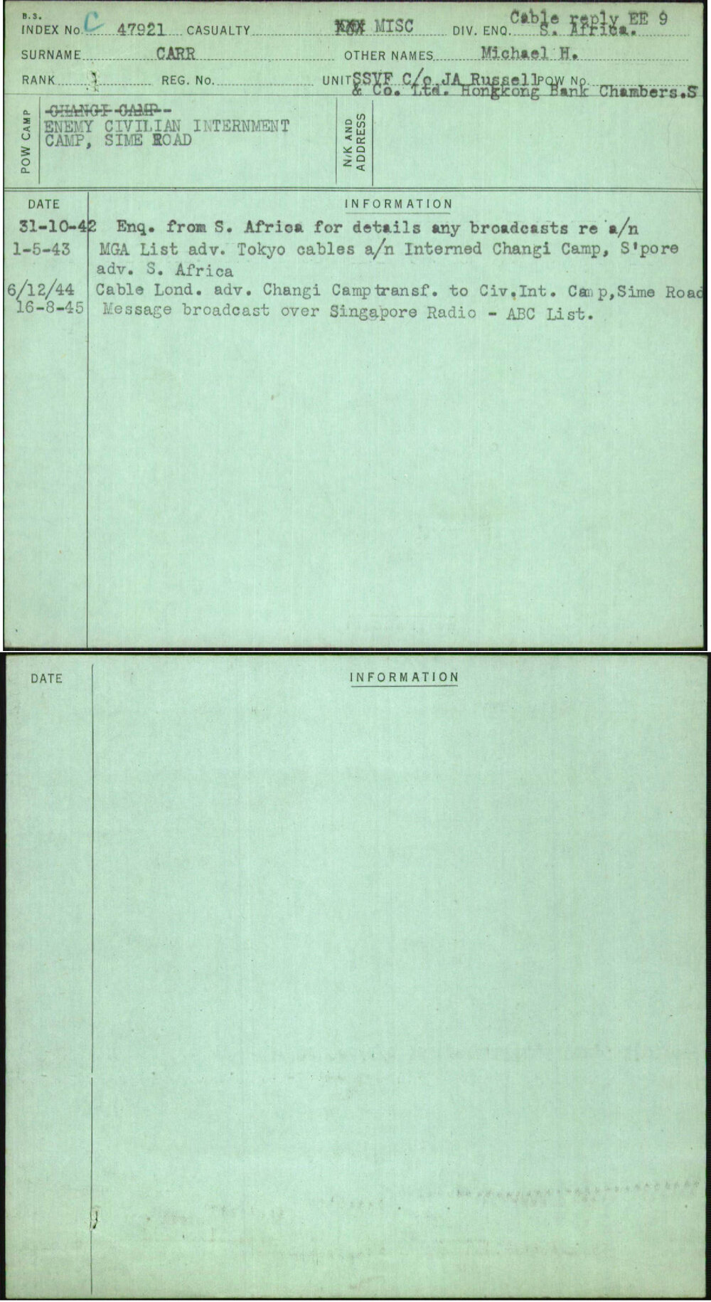 Carr, Michael H, [No Service Number]