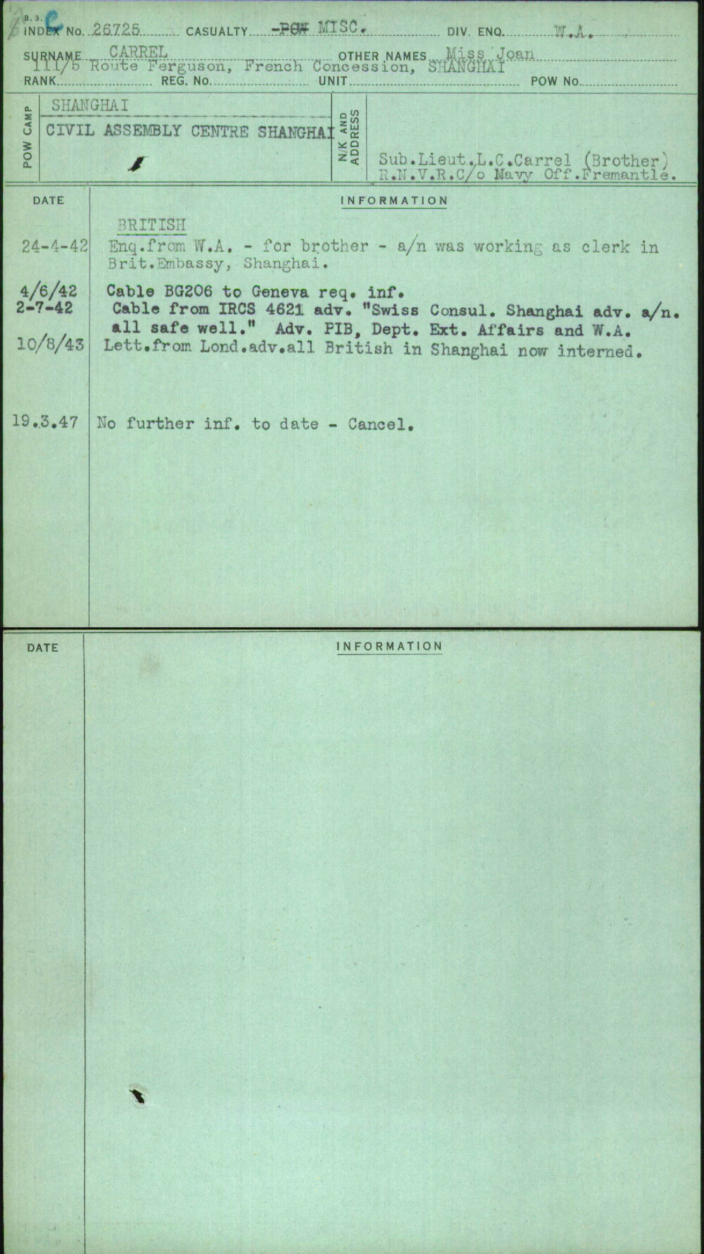 Carrel, Miss Joan, [No Service Number]