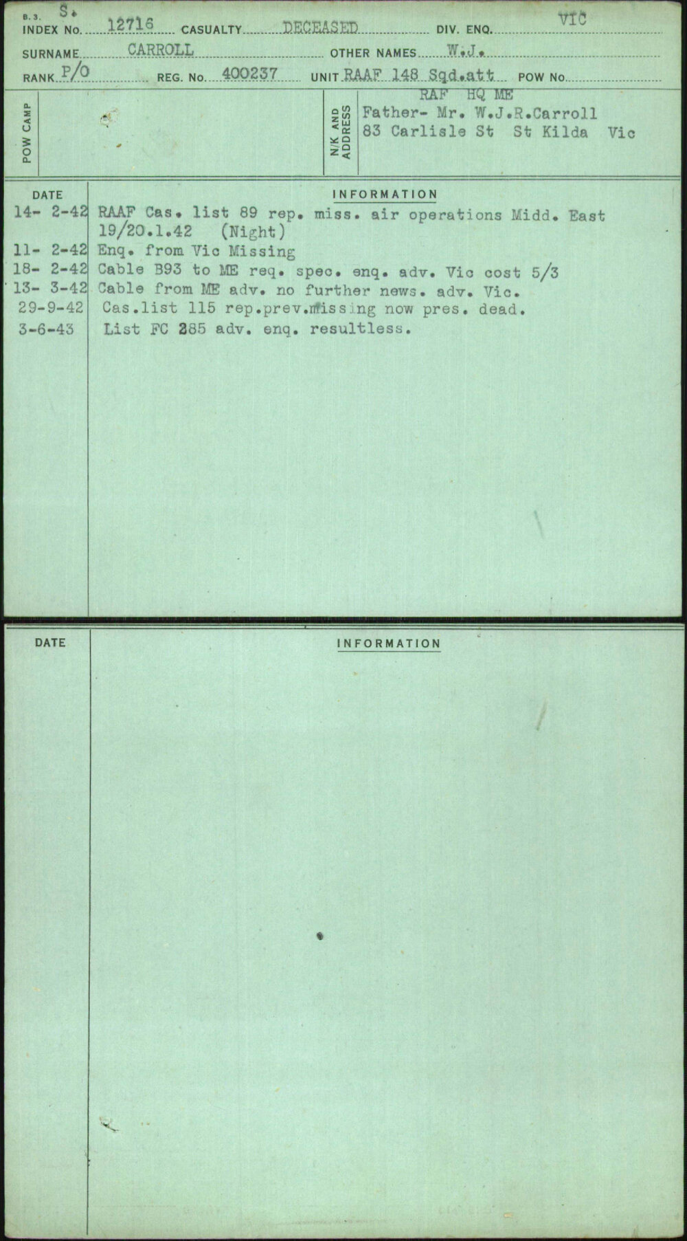 Carroll, W J, 400237