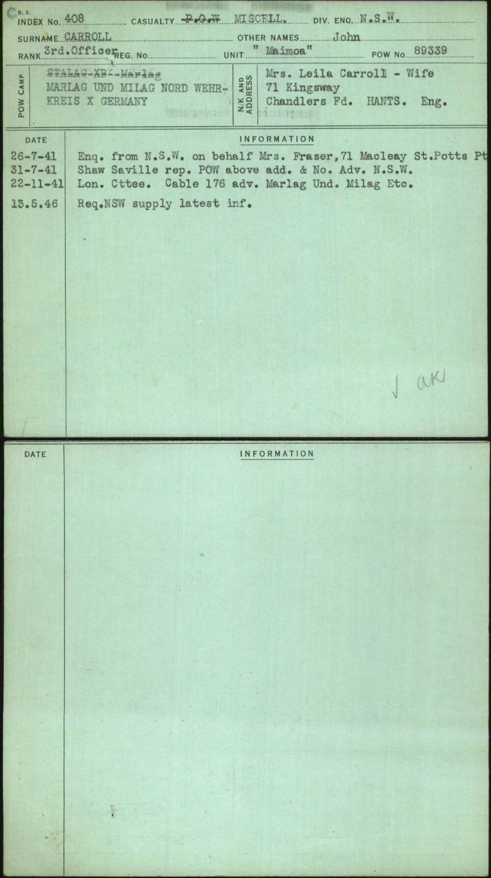 Carroll, John, [No Service Number]