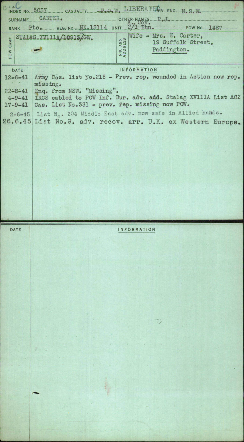 Carter, P J, NX13114
