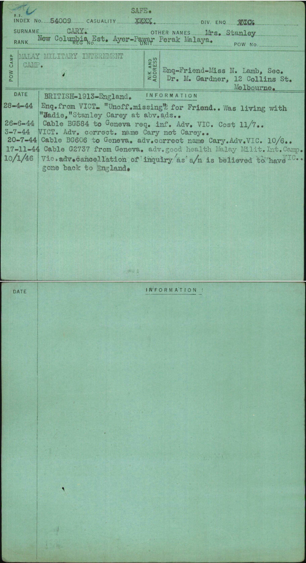 Cary, Mrs Stanley, [No Service Number]