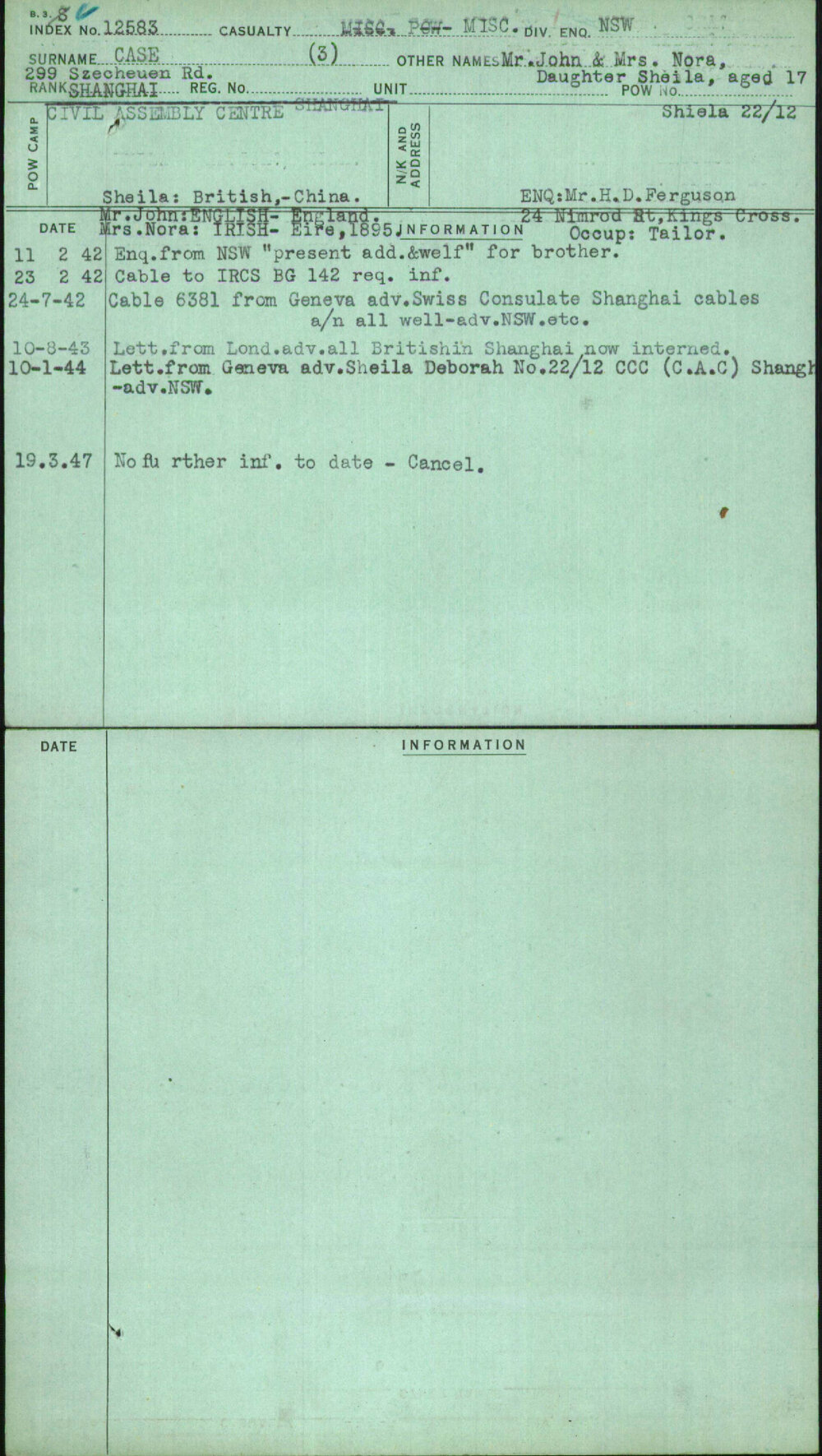 Case, Mr John &amp; Mrs Nora Daughter Sheila Aged 17 Shiela 22-12, [No Service Number]