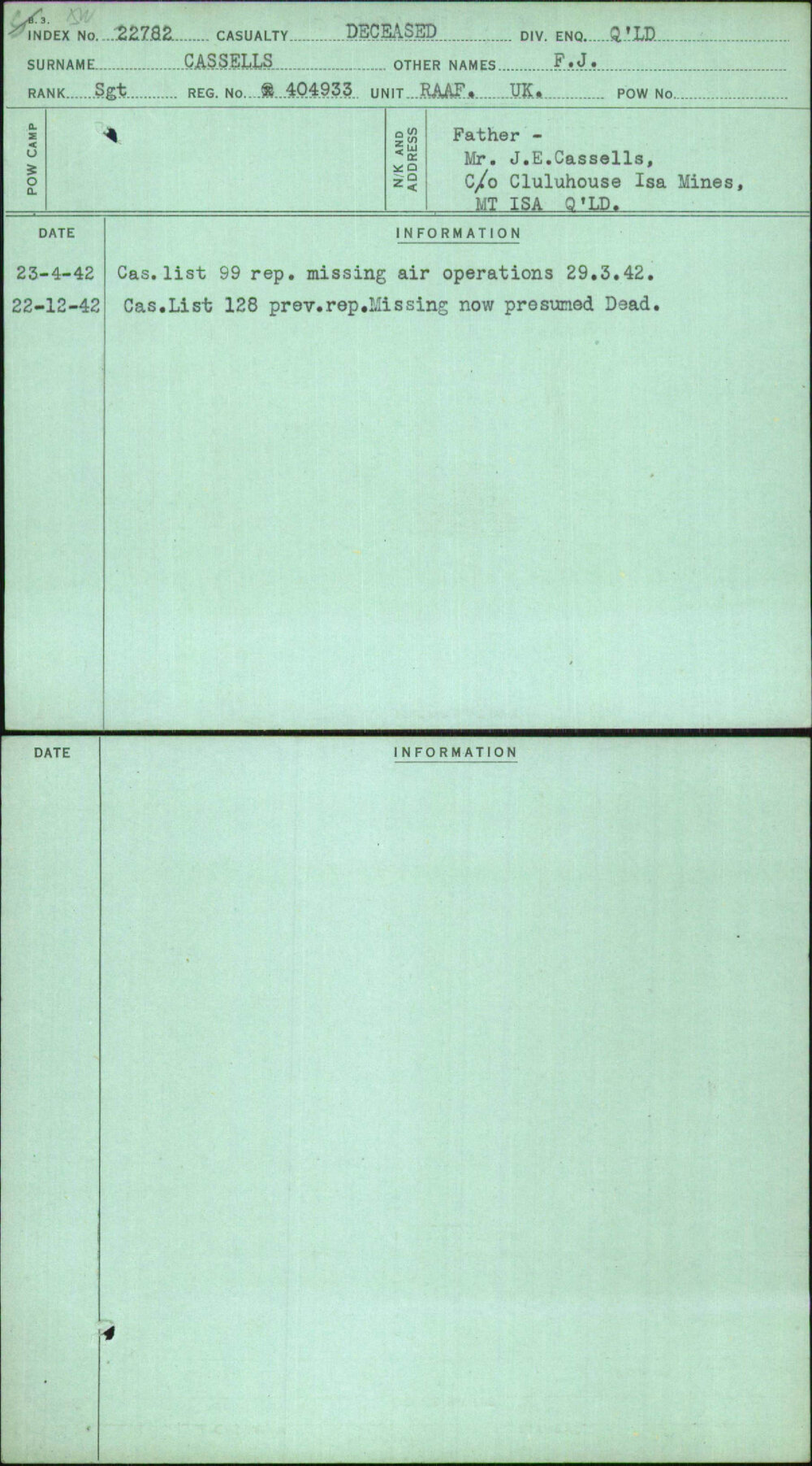 Cassells, F J, 404933