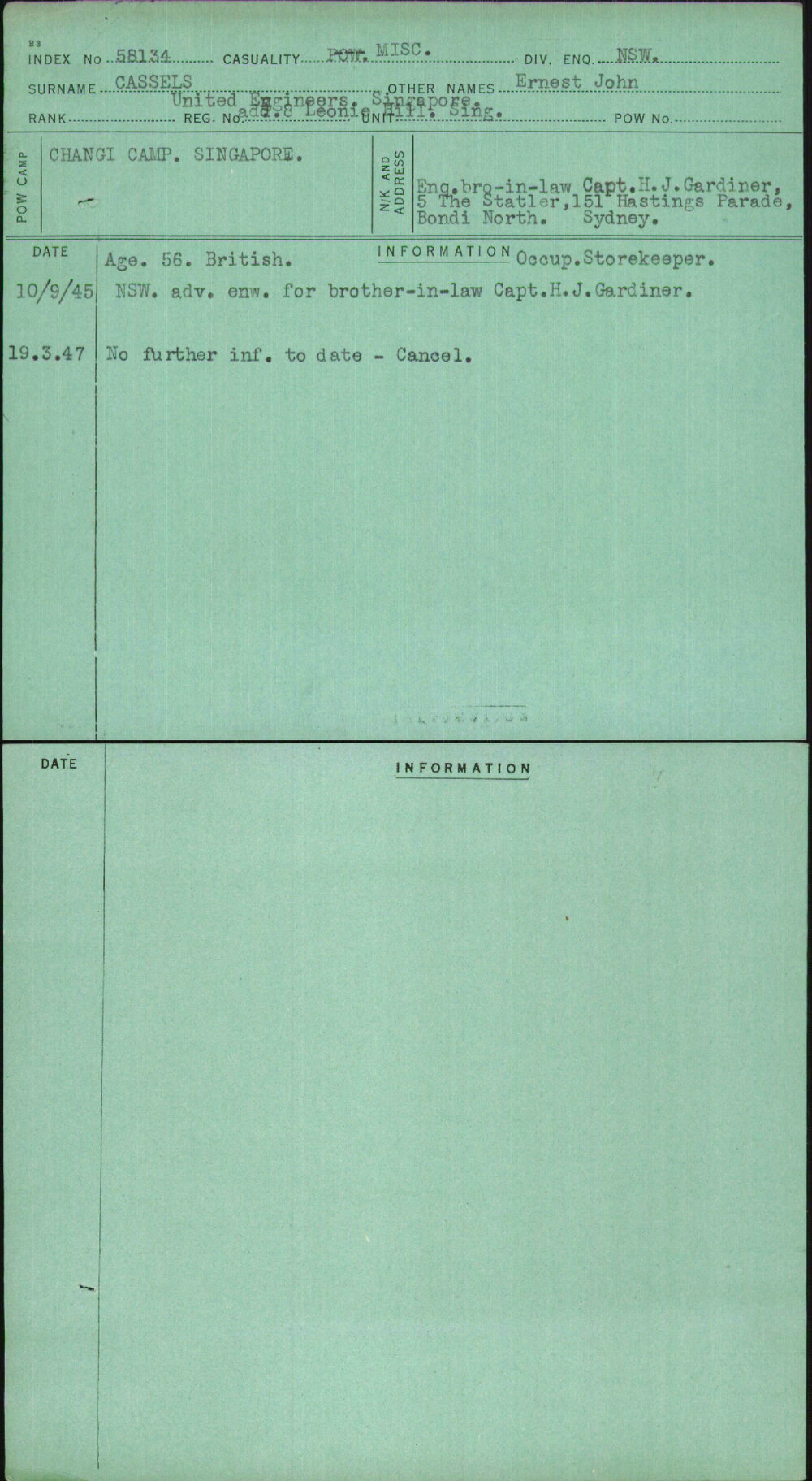 Cassels, Ernest John, [No Service Number]