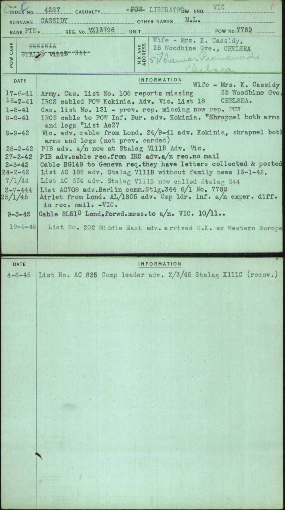 Cassidy, M L, VX13796