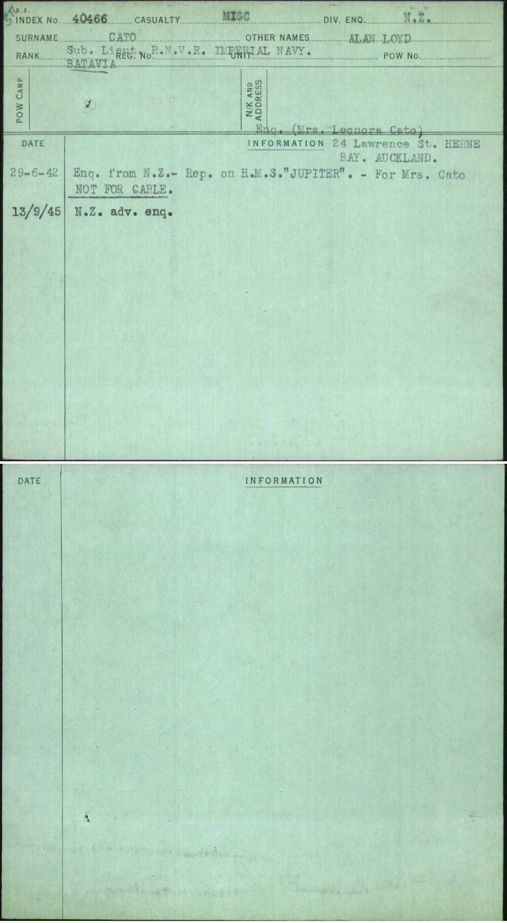 Cato, Alan Loyd, [No Service Number]