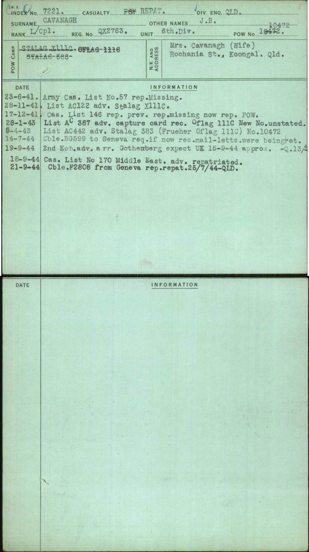 Cavanagh, J B, QX2763