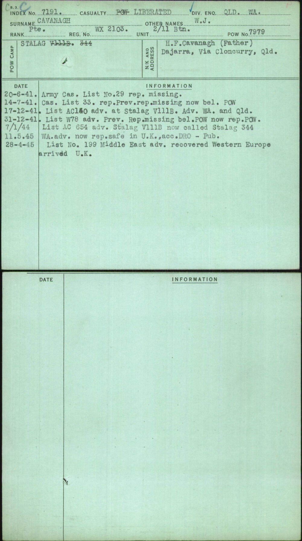 Cavanagh, W J, WX2103