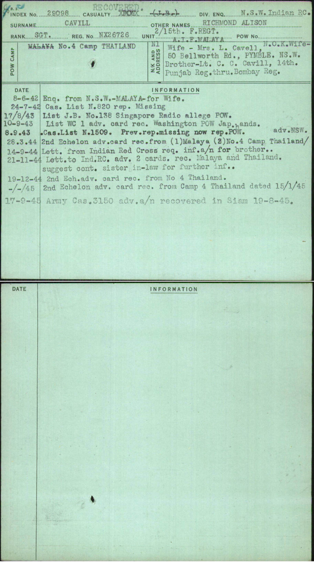 Cavill, Richmond Alison, NX26726