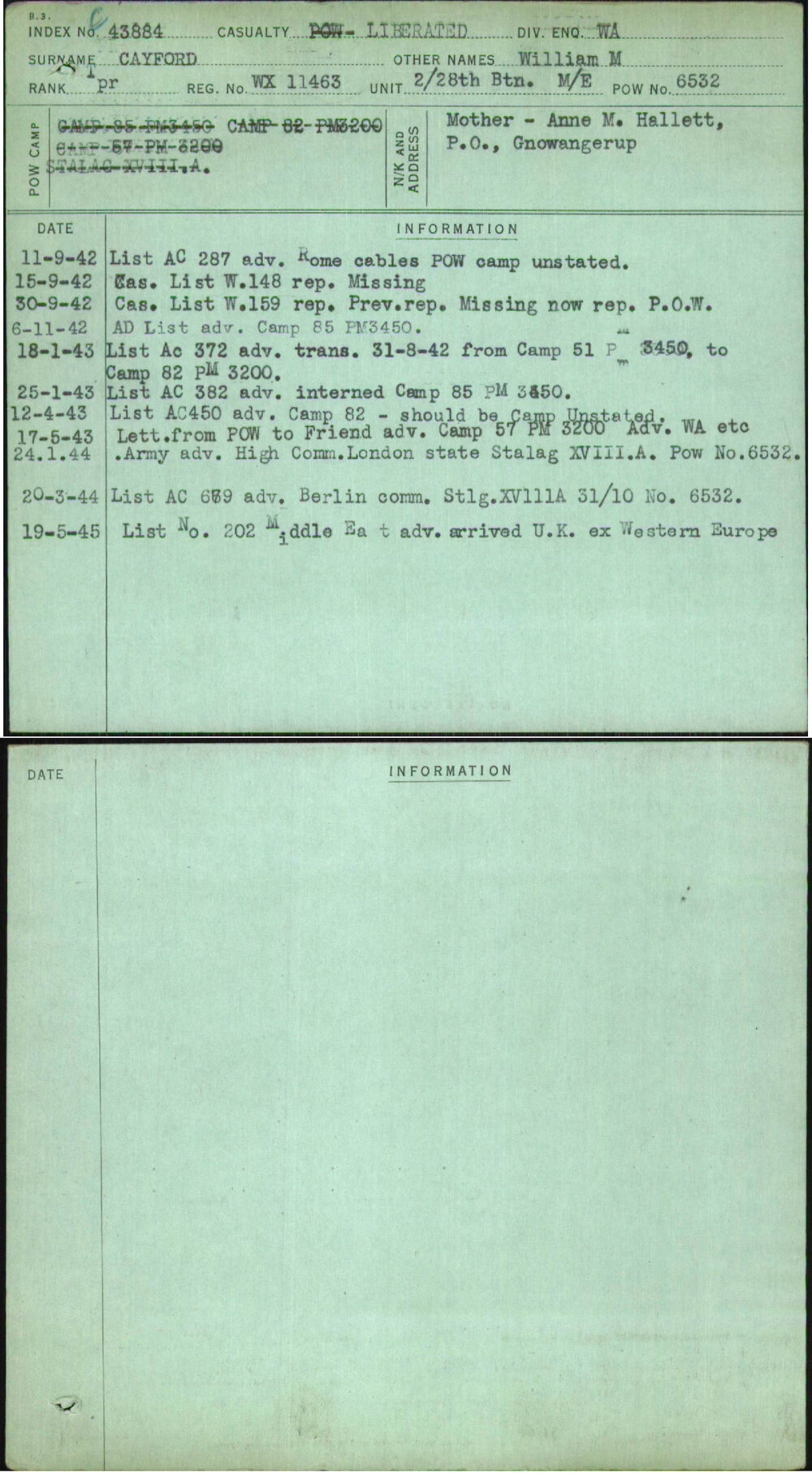 Cayford, William M, WX11463