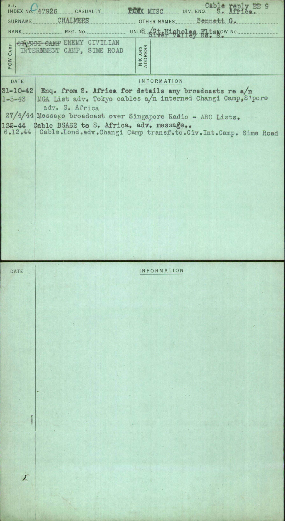 Chalmers, Bennett G, [No Service Number]