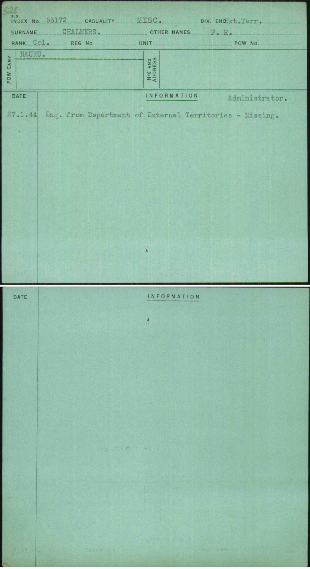 Chalmers, F R, [No Service Number]