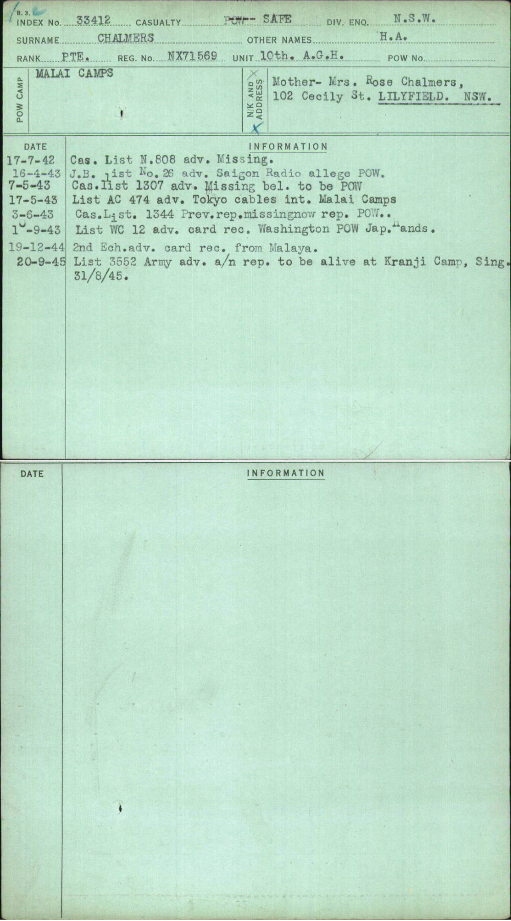 Chalmers, H A, NX71569