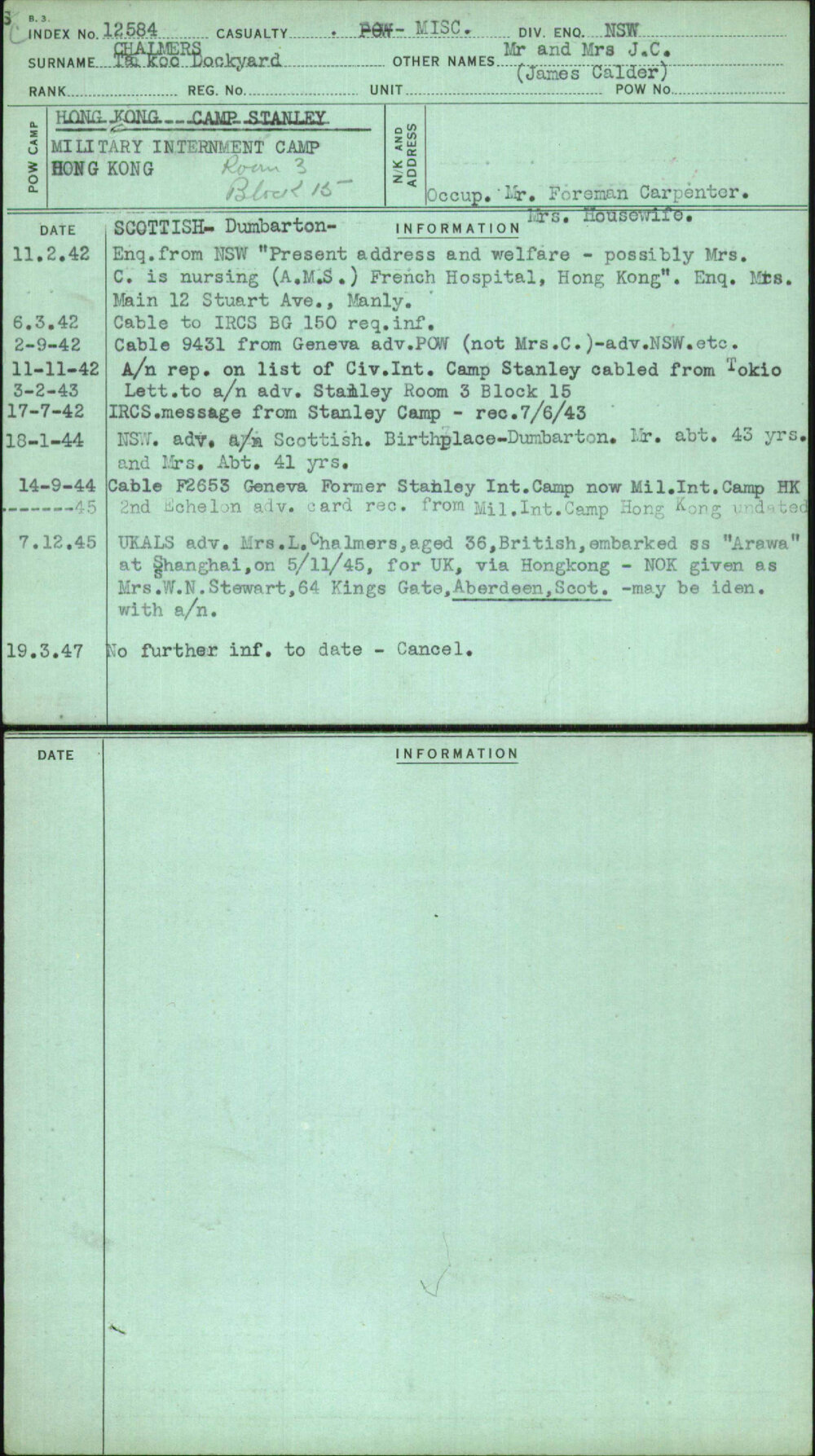 Chalmers Tai Koo Dockyard, Mr And Mrs J C (James Calder), [No Service Number]