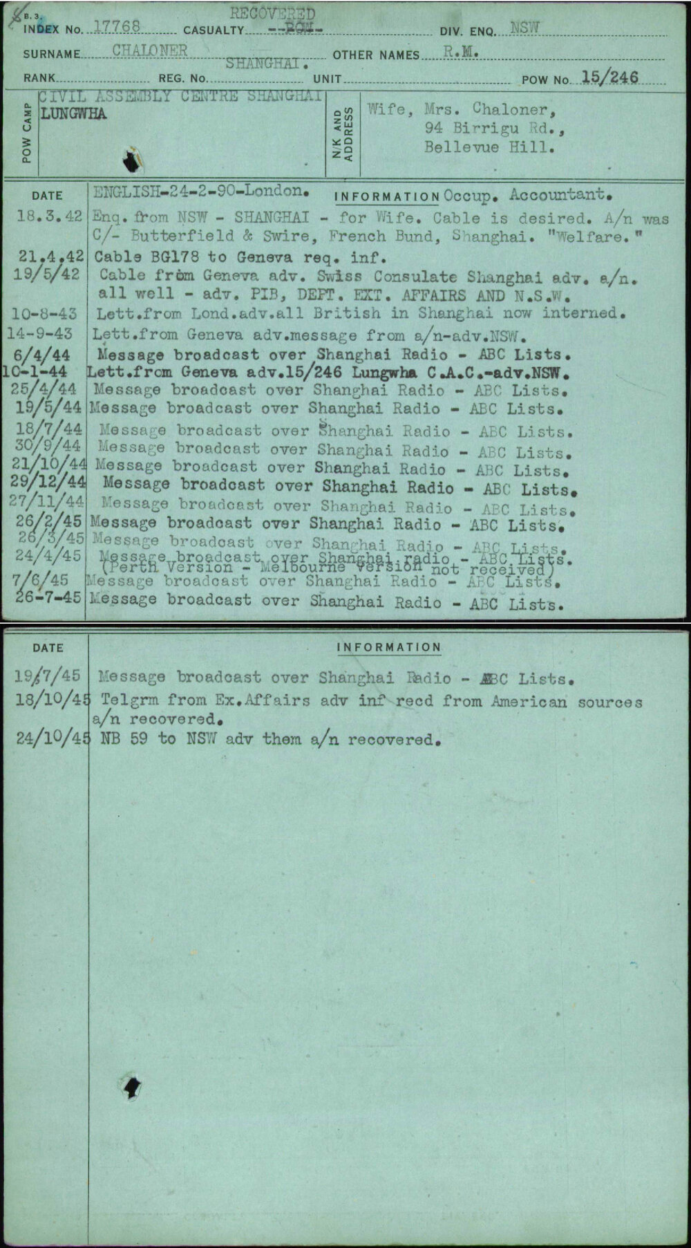 Chaloner, R M, Shanghai