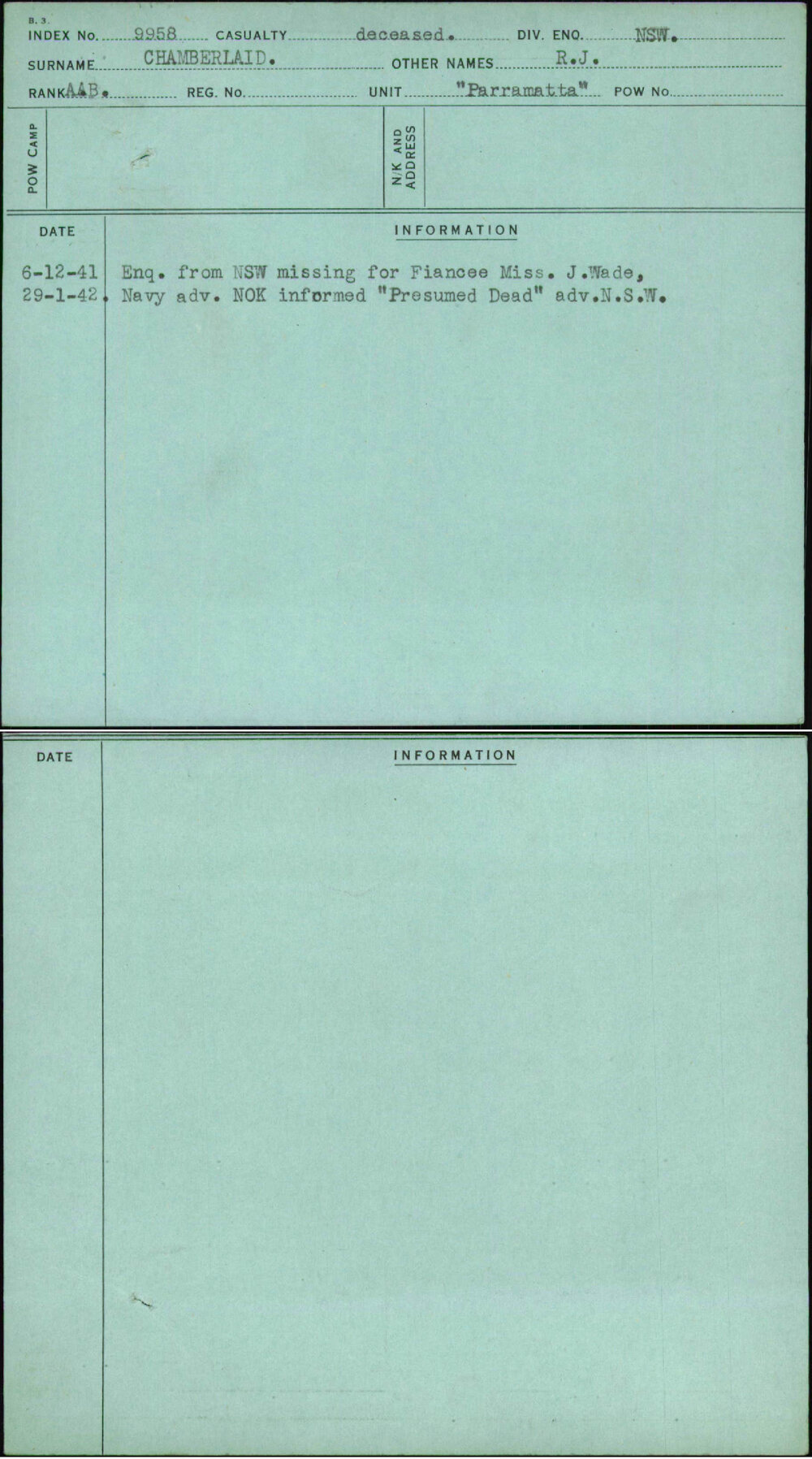 Chamberlaid, R J, [No Service Number]