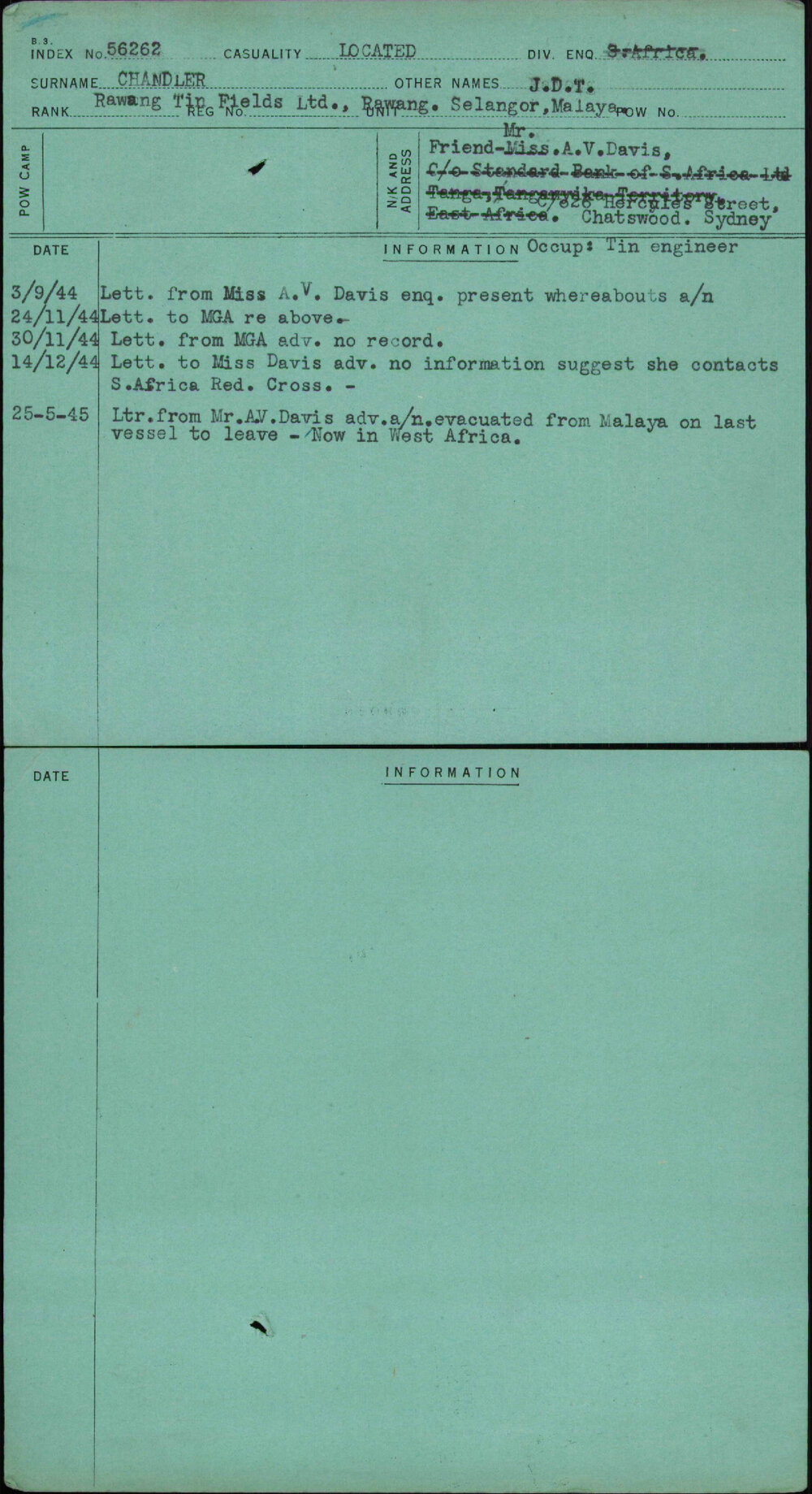 Chandler, J D T, [No Service Number]