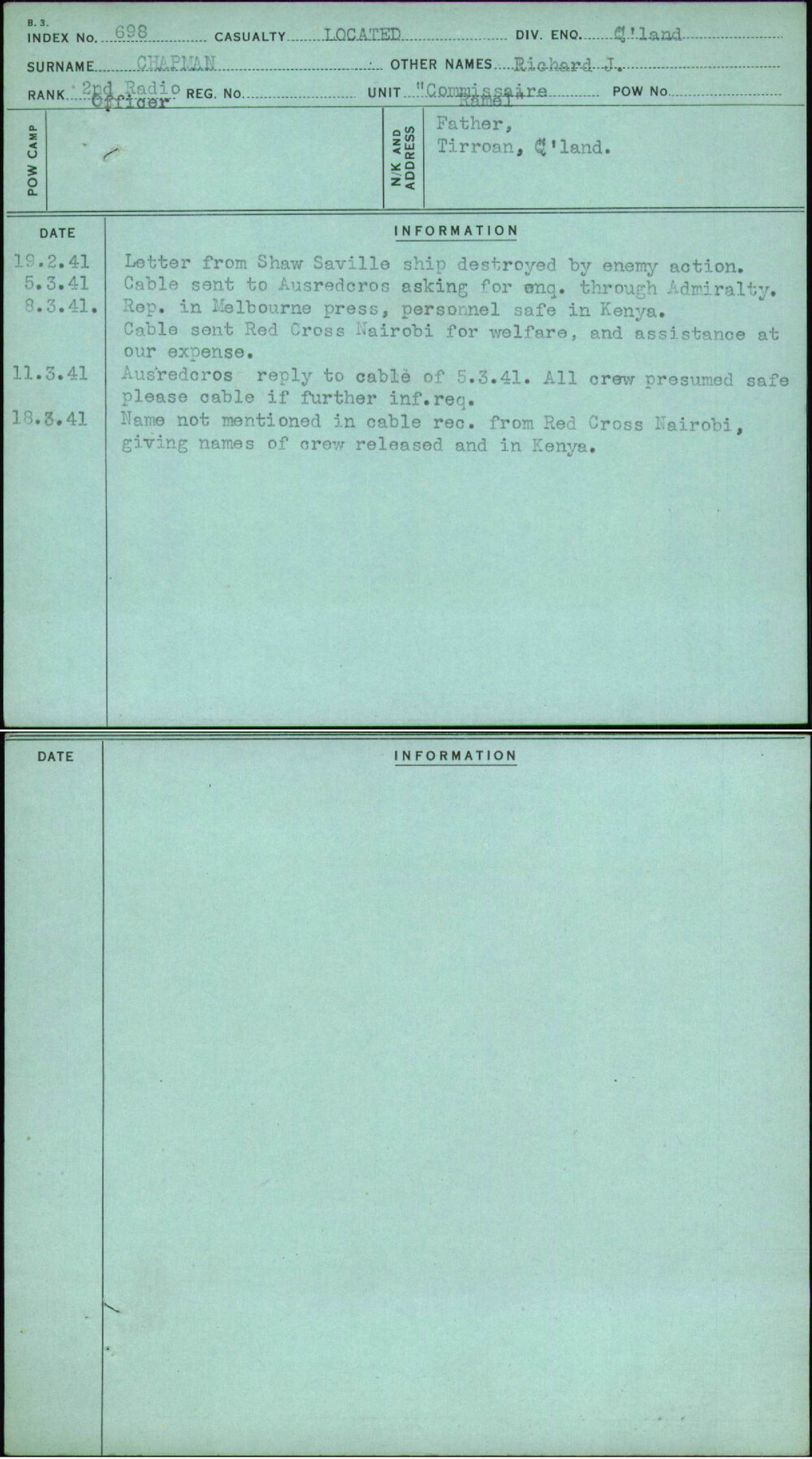 Chapman, Richard J, [No Service Number]