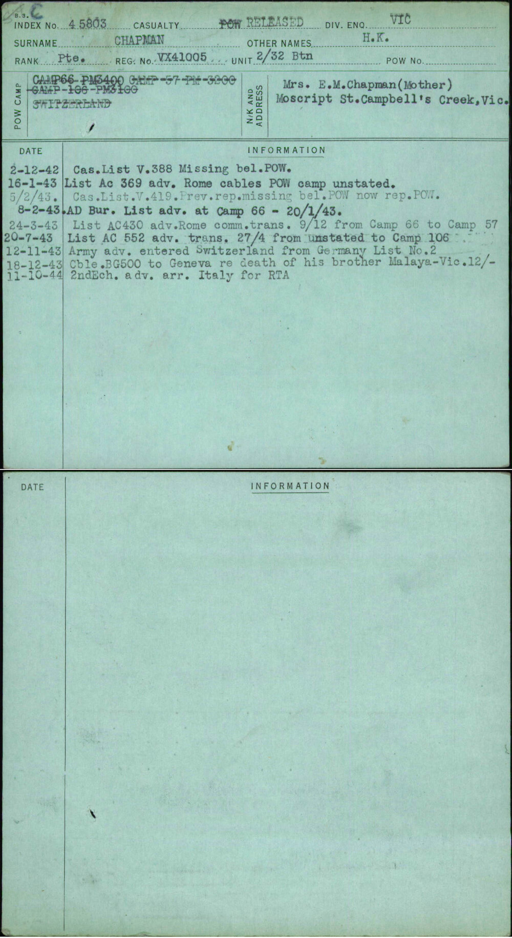 Chapman, H K, VX41005