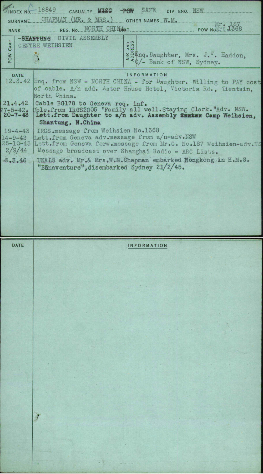 Chapman (Mr &amp; Mrs), W M, North China