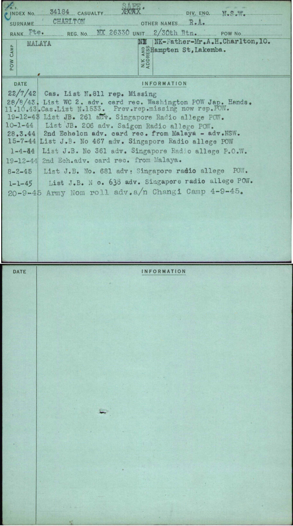 Charlton, R A, NX26330