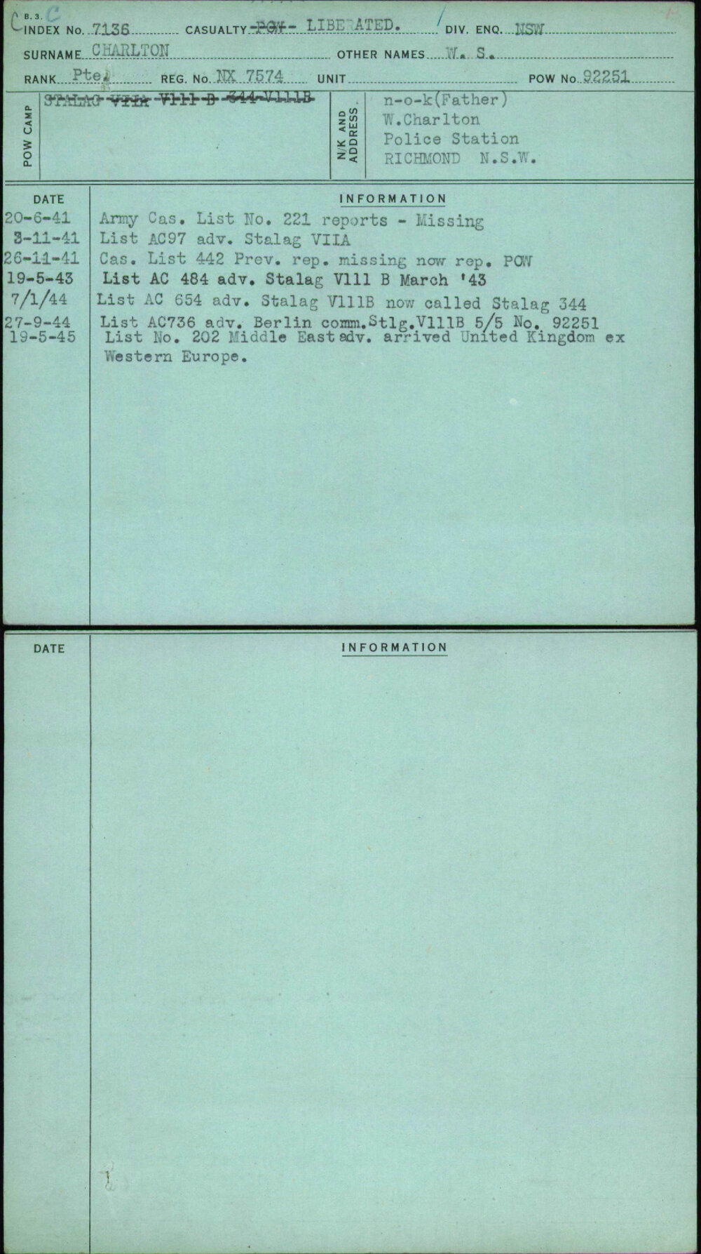 Charlton, W S, NX7574