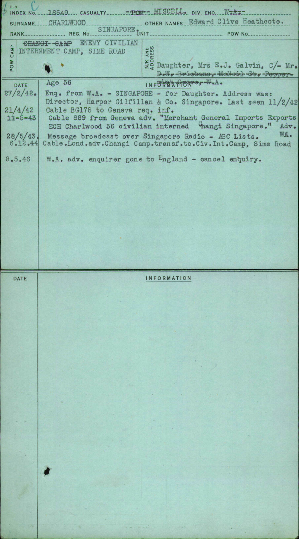 Charlwood, Edward Clive Heathcote, Singapore