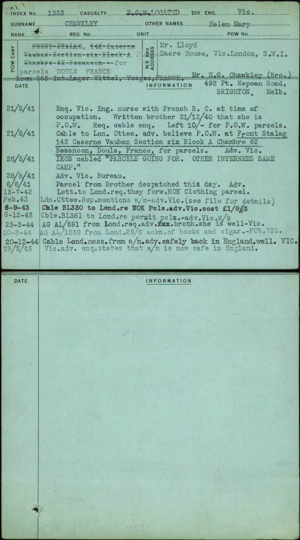 Chawkley, Helen Mary, [No Service Number]