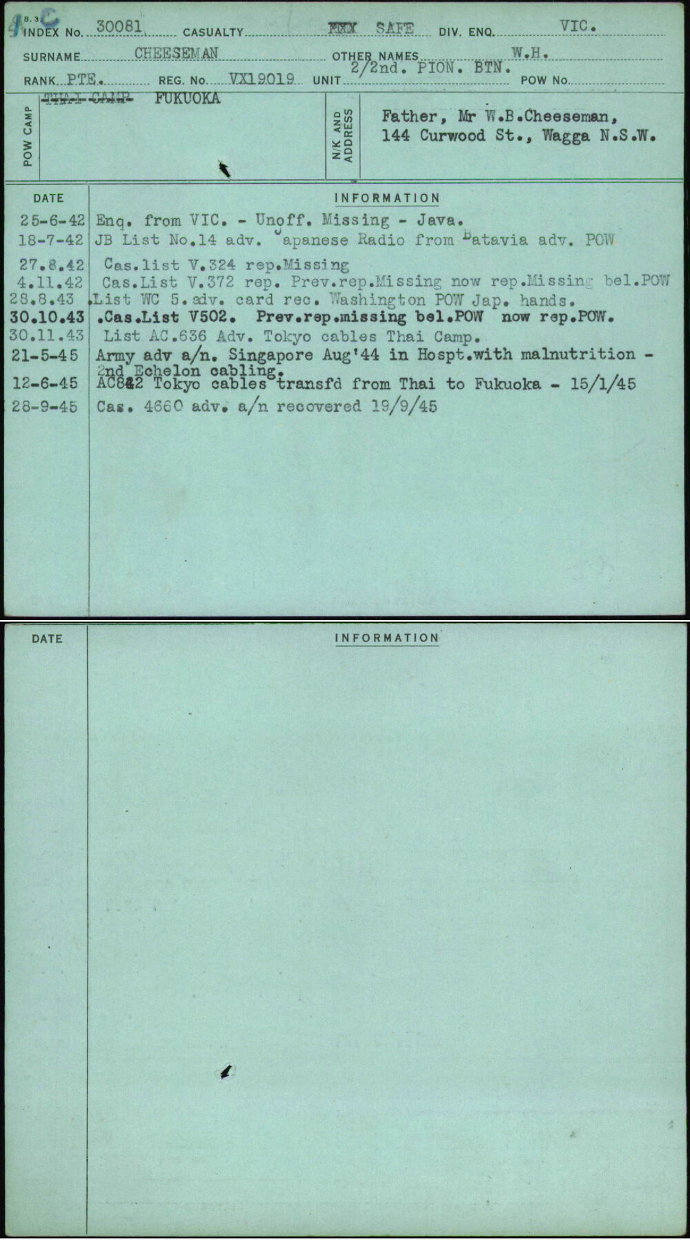 Cheeseman, W H, VX19019