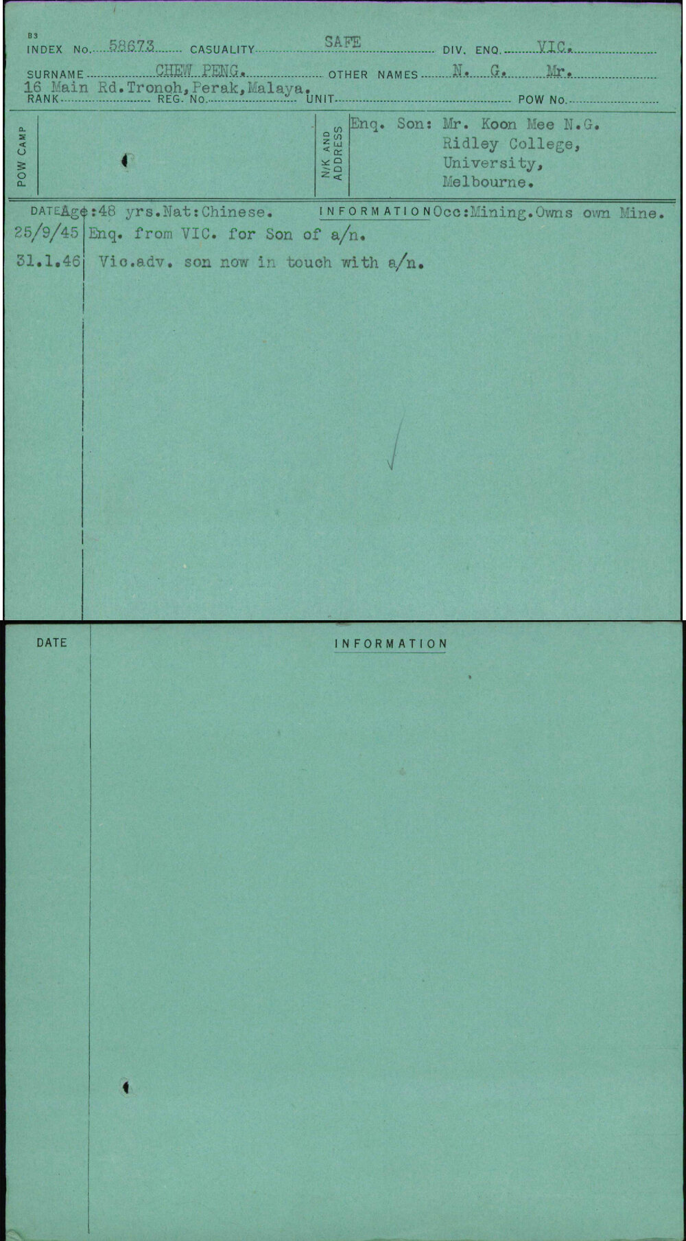 Chew Peng, N G Mr, [No Service Number]