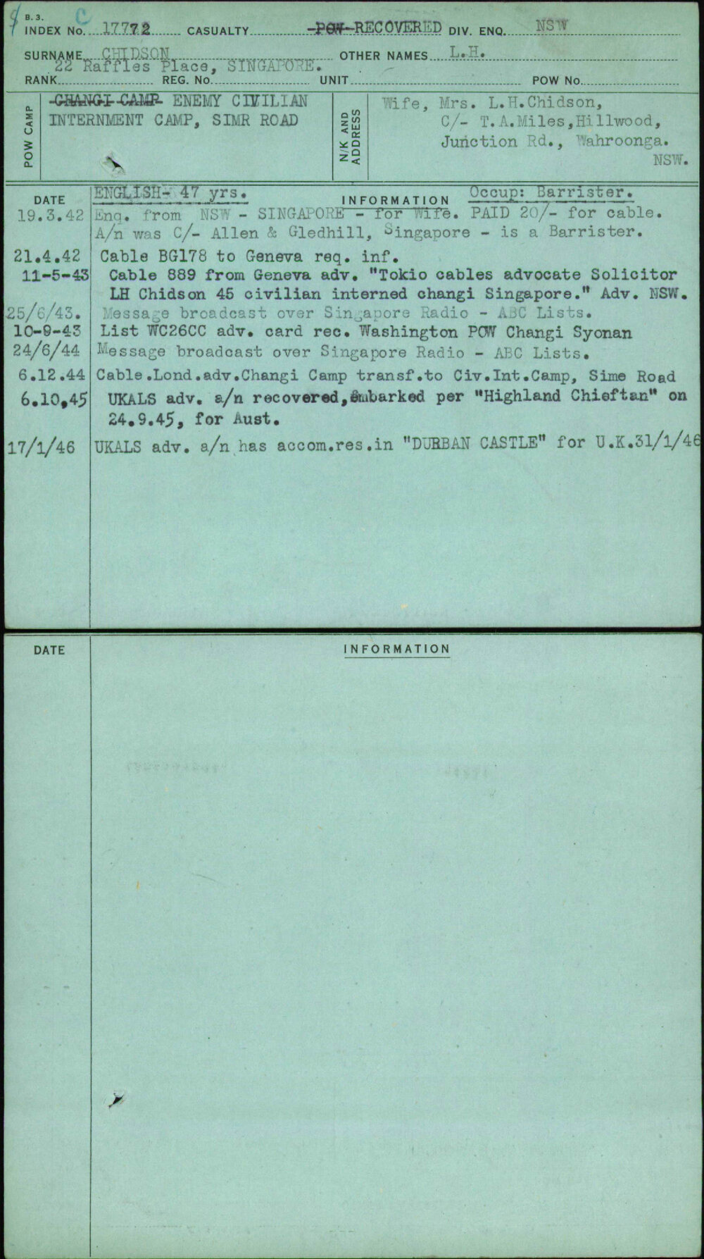 Chidson, L H, [No Service Number]