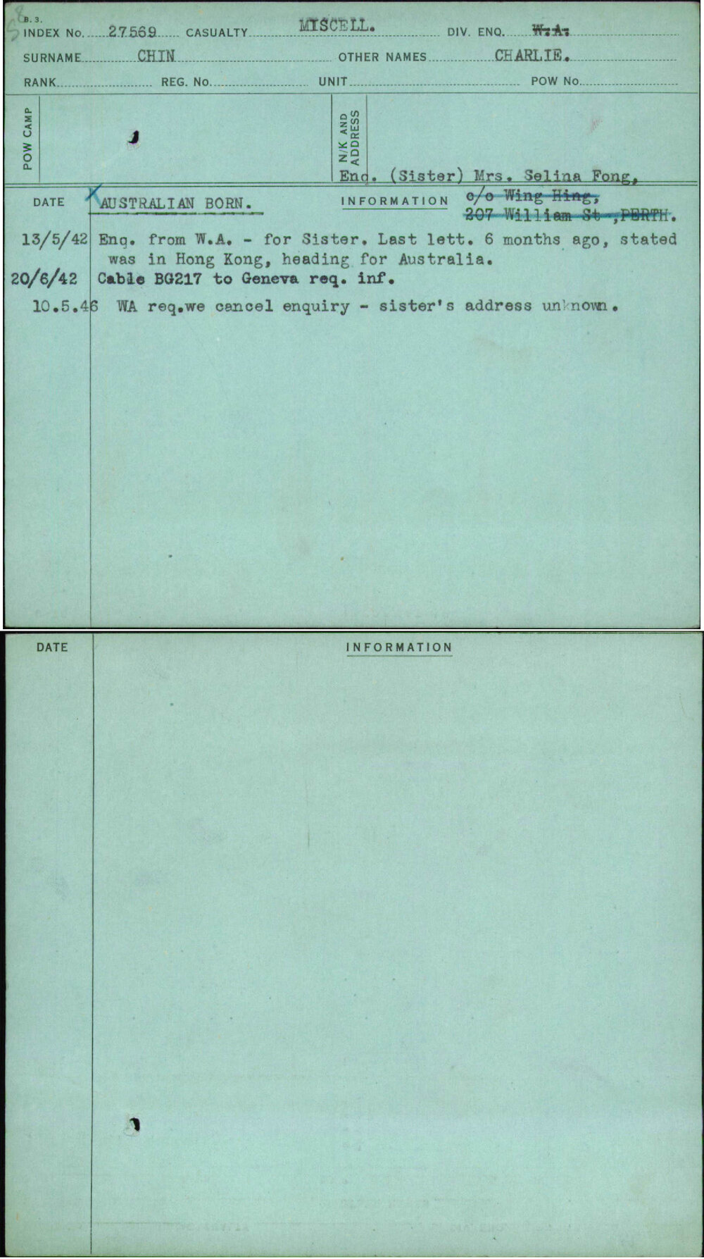 Chin, Charlie, [No Service Number]