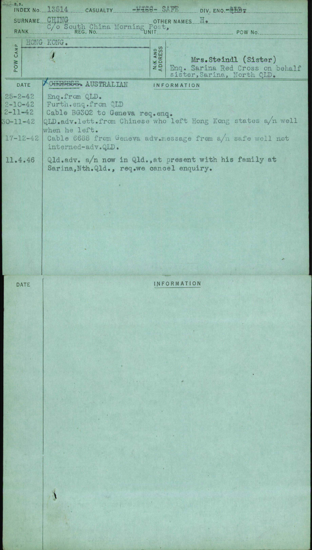 Ching, H, [No Service Number]