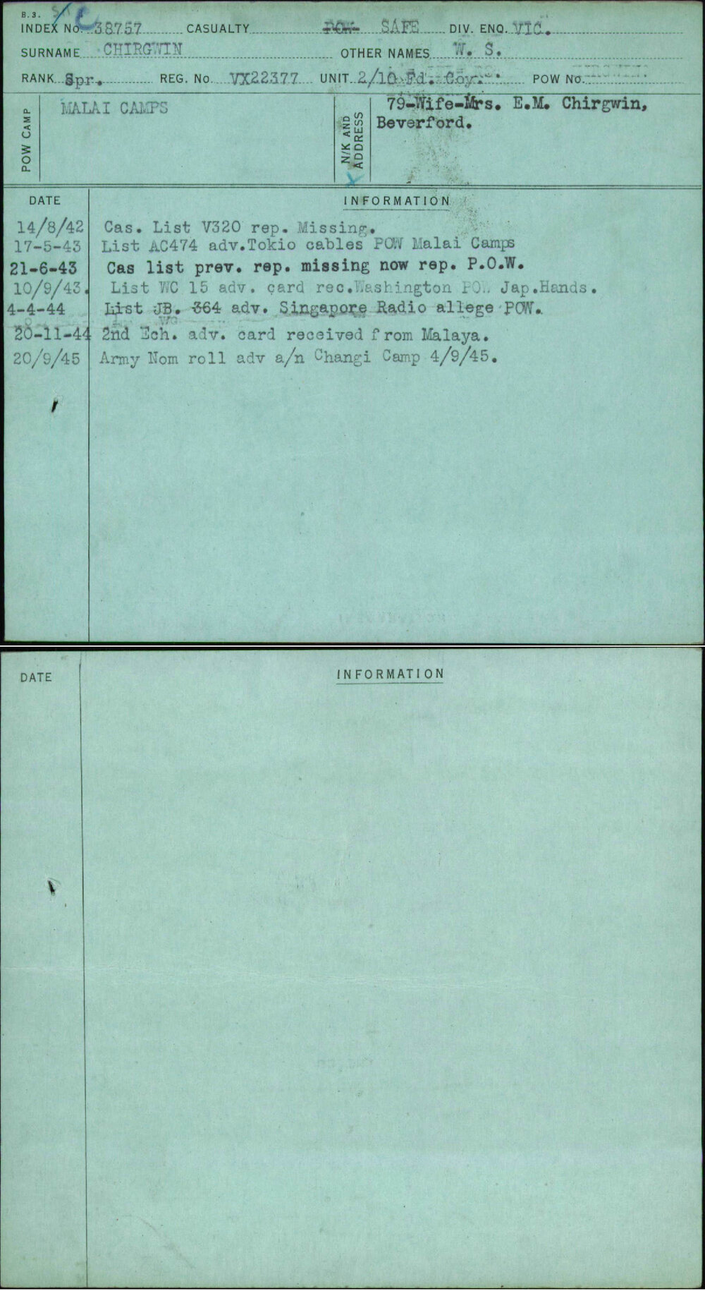 Chirgwin, W S, VX22377