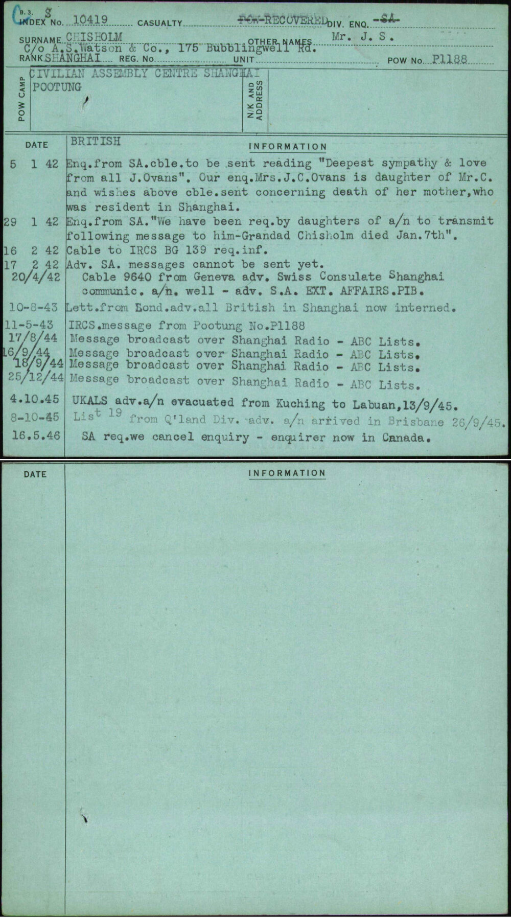 Chisholm, Mr J S, [No Service Number]