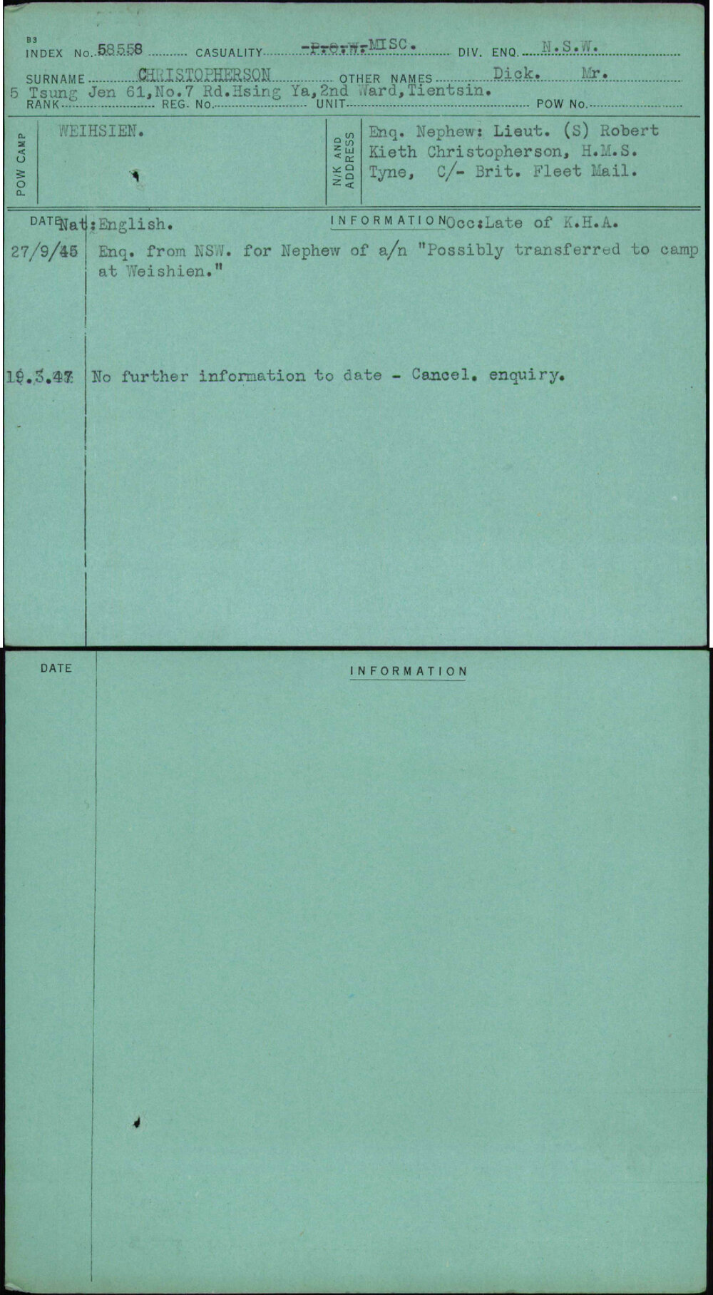 Christopherson, Dick Mr, [No Service Number]